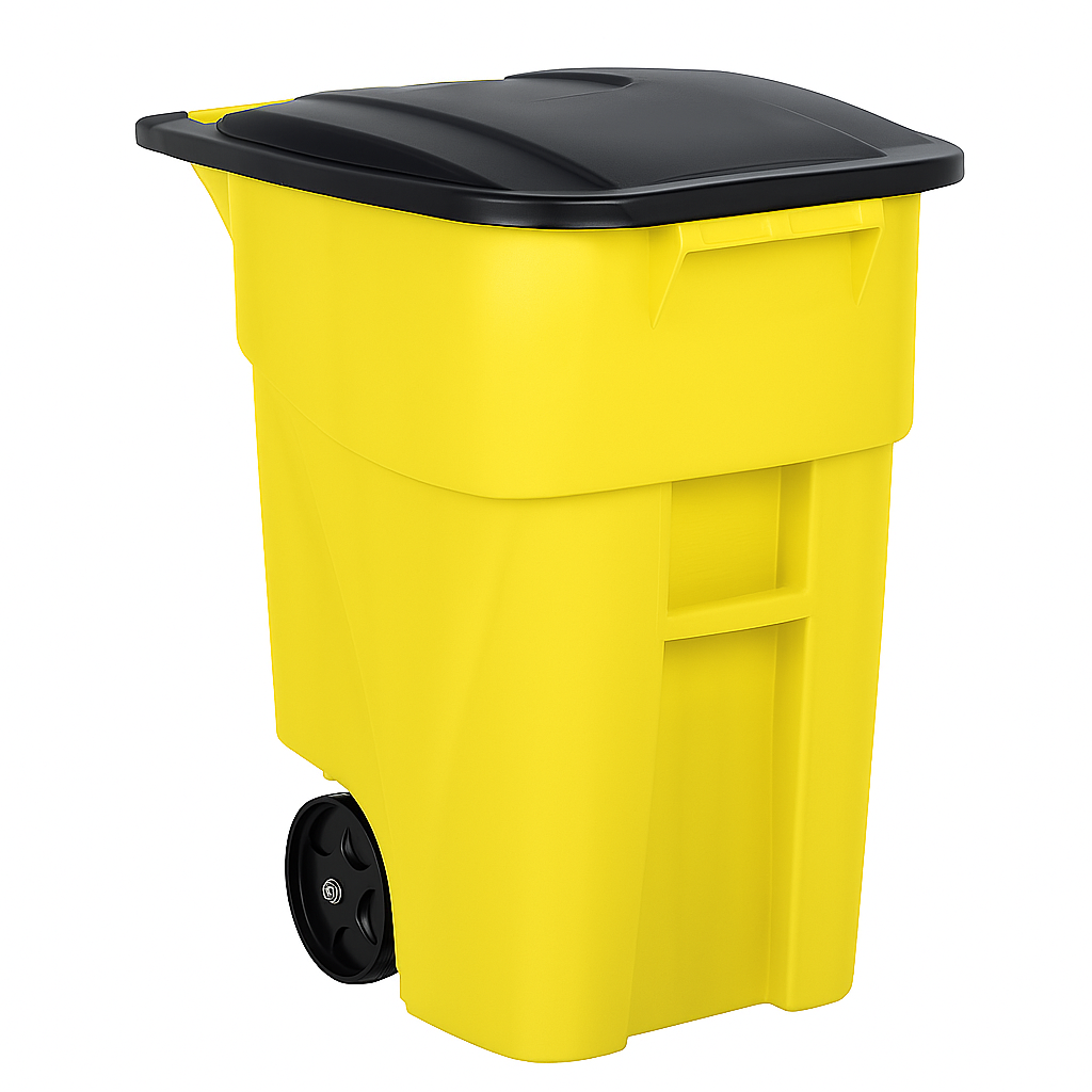 15076 Sqaure Trash Rollout Container, 50 Gallon Capacity, Yellow, Hinged Lid Closure