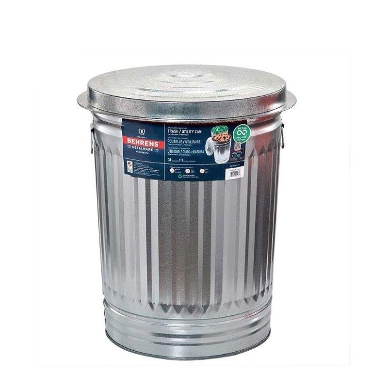 Galvanized Steel Trash 31 Gallon Can with Lid Included - Animal Proof/Animal Resistant