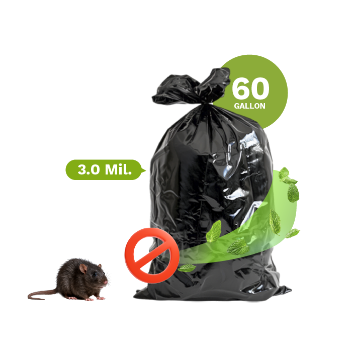 20004 Black Mint Garbage Bags Rat Out Scent, Extra Tough 60 Gallon 38"x58" (100-Count)