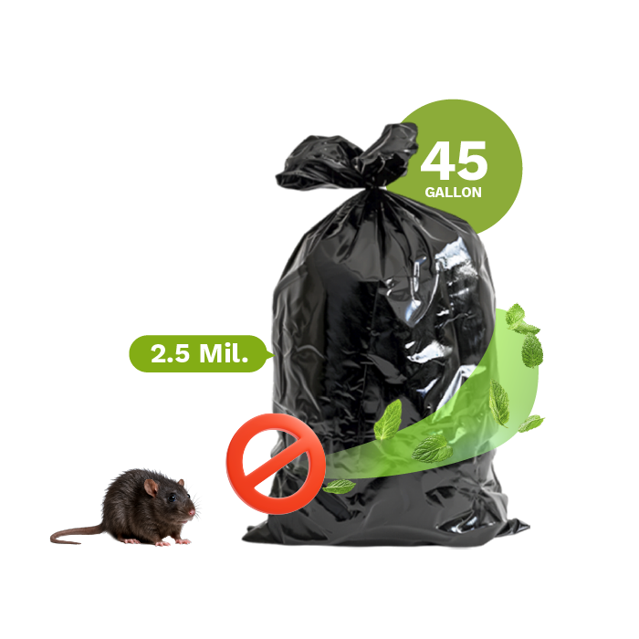 25010 Black Mint Garbage Bags Rat Out Scent, Super Tough 45 Gallon 40"x46" (100-Count)