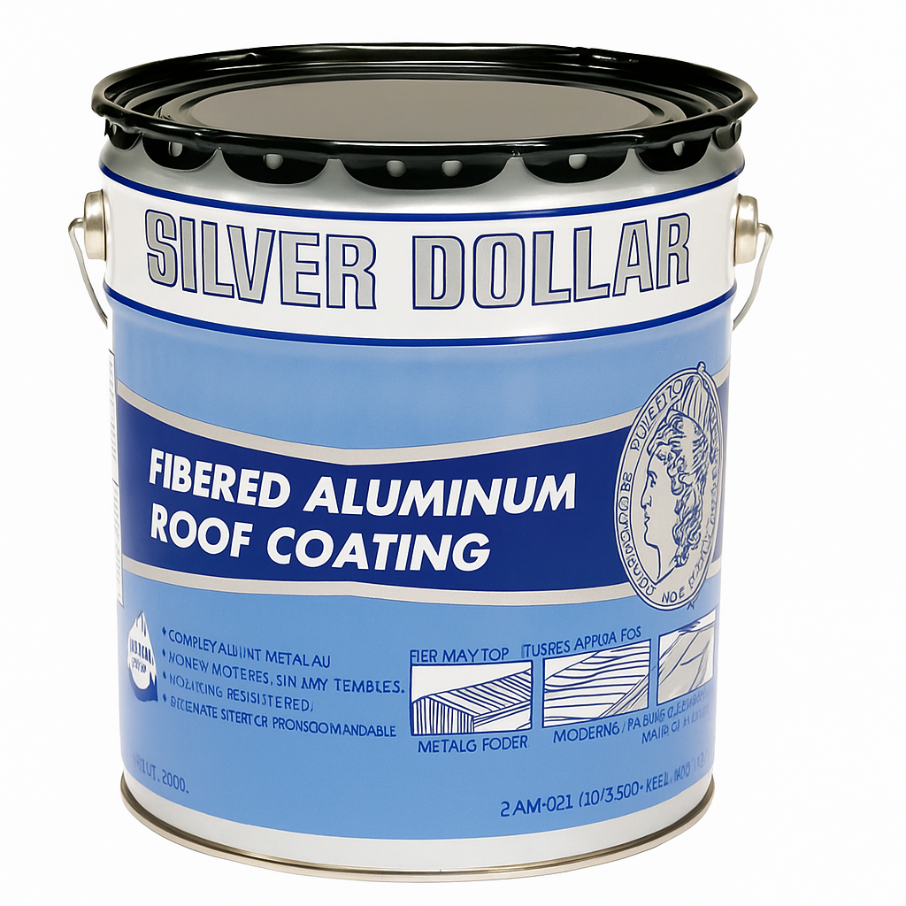 Aluminum Roof Coating, 5 Gallon Fibered Silver Dollar (For Repairing Existing Roofs)