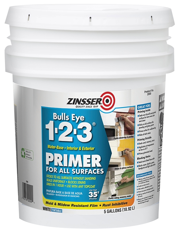 Primer Bulls Eye 1 2 3, White, 5 Gallon, Zinsser, Latex